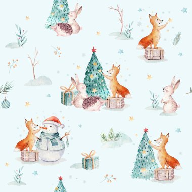 Hediye, kardan adam, tatil sevimli hayvanlar tilki, tavşan ve kirpi ile suluboya Merry Christmas Dikişsiz desen. Noel ağacı kutlama kağıt. Kış yeni yıl tasarım.