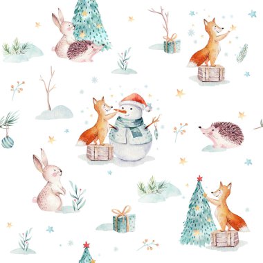 Hediye, kardan adam, tatil sevimli hayvanlar tilki, tavşan ve kirpi ile suluboya Merry Christmas Dikişsiz desen. Noel ağacı kutlama kağıt. Kış yeni yıl tasarım.