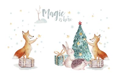 Suluboya altın Merry Christmas illüstrasyon kardan adam, yılbaşı ağacı, tatil sevimli hayvanlar tilki, tavşan ve kirpi ile. Yılbaşı kutlama kartları. Kış yeni yıl tasarım.