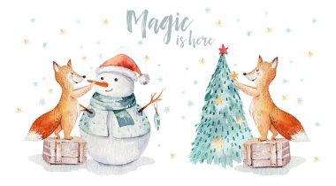 Suluboya altın Merry Christmas illüstrasyon kardan adam, yılbaşı ağacı, tatil sevimli hayvanlar tilki, tavşan ve kirpi ile. Yılbaşı kutlama kartları. Kış yeni yıl tasarım.