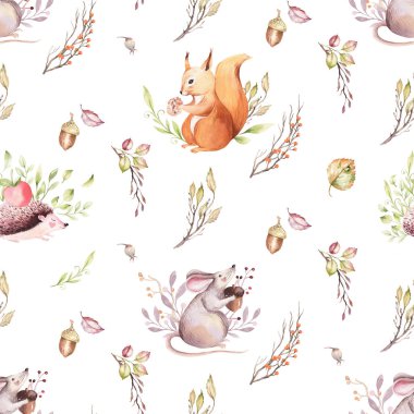 Şirin bebek hayvan kreş fare, tavşan ve ayı çocuklar için illüstrasyon izole. Çizim sincap, suluboya, kirpi suluboya boho orman görüntü mükemmel kreş posterler için desen