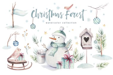 Suluboya Merry Christmas illüstrasyon kardan adam, tatil sevimli hayvanlar geyik, tavşan. Yılbaşı kutlama kartları. Kış yeni yıl tasarım.