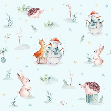Hediye, kardan adam, tatil sevimli hayvanlar tilki, tavşan ve kirpi ile suluboya Merry Christmas Dikişsiz desen. Noel ağacı kutlama kağıt. Kış yeni yıl tasarım.