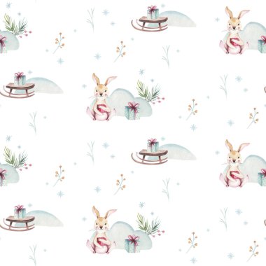 Kardan adam, tatil sevimli hayvanlar geyik, tavşan ile suluboya Merry Christmas Dikişsiz desen. Noel kutlamaları kağıt. Kış yeni yıl tasarım.