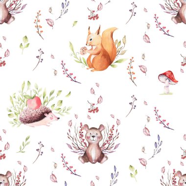 Şirin bebek hayvan kreş fare, tavşan ve ayı çocuklar için illüstrasyon izole. Çizim sincap, suluboya, kirpi suluboya boho orman görüntü mükemmel kreş posterler için desen