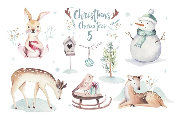 Acuarela Feliz Navidad ilustración con muñeco de nieve, vacaciones animales lindos ciervos, conejo. Tarjetas de celebración navideña. Invierno año nuevo diseño . —  Fotos de Stock