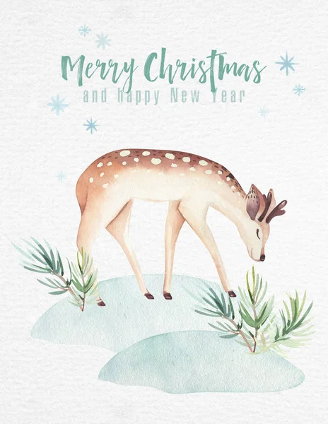 Acuarela Feliz Navidad ilustración con muñeco de nieve, vacaciones animales lindos ciervos, conejo. Tarjetas de celebración navideña. Invierno año nuevo diseño . — Foto de Stock