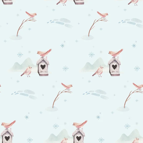 Aquarela Feliz Natal sem costura padrões com boneco de neve, feriado animais bonitos cervos, coelho. Papel de celebração de Natal. Inverno design do ano novo . — Fotografia de Stock