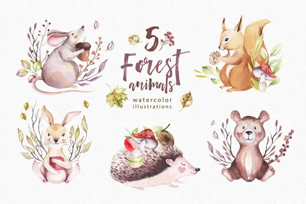 Cute Baby Animal Nursery Mouse Rabbit Bear Isolated Illustration Children — Stock Photo, Image