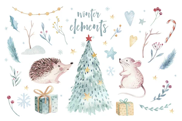 Aquarel gouden Merry Christmas illustratie met sneeuwpop, kerstboom, vakantie schattige dieren fox, konijn en egel. Viering van de kerstkaarten. Winter Nieuwjaar ontwerp. — Stockfoto