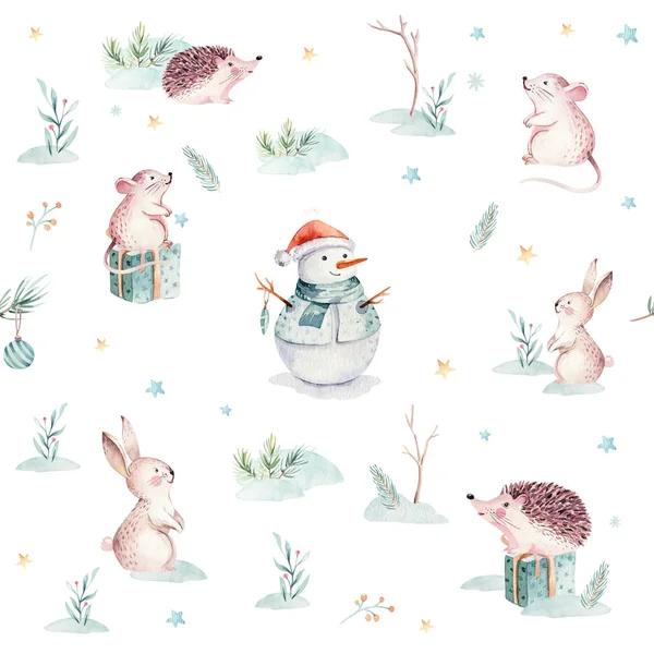 Akvarell god jul sömlösa mönster med gåva, snögubbe, holiday söta djur räv, kanin och igelkott. Julgran firande papper. Vinter nyår design. — Stockfoto