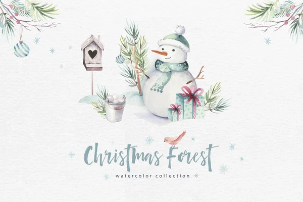 Watercolor Feliz Natal ilustração com boneco de neve, feriado bonito animais cervos, coelho. Cartões de celebração de Natal. Inverno design do ano novo . — Fotografia de Stock