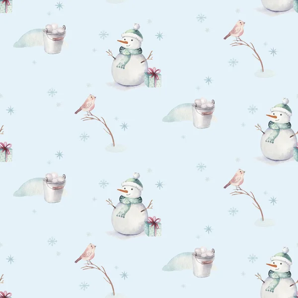 Watercolor Merry Christmas seamless patterns with snowman, holiday cute animals deer, rabbit. Christmas celebration paper. Winter new year design. — Stock Photo, Image