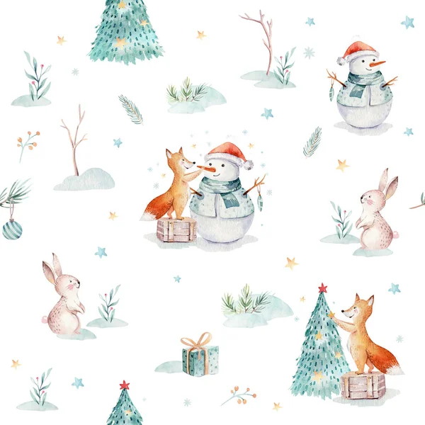 Акварель Счастливого Рождества бесшовные узоры с подарком, снеговик, праздник милые животные лиса, кролик и ежа. Праздничная бумага. Зимний новый год . — стоковое фото