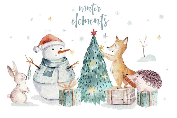 Watercolor ouro Feliz Natal ilustração com boneco de neve, árvore de natal, feriado bonito animais raposa, coelho e ouriço. Cartões de celebração de Natal. Inverno design do ano novo . — Fotografia de Stock