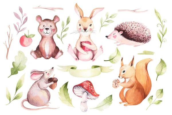 Lindo Bebé Animal Vivero Ratón Conejo Oso Ilustración Aislada Para —  Fotos de Stock