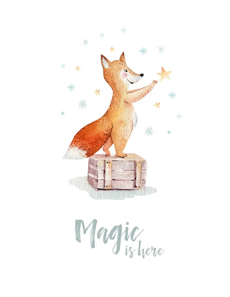 Aquarel gouden Merry Christmas illustratie met sneeuwpop, kerstboom, vakantie schattige dieren fox, konijn en egel. Viering van de kerstkaarten. Winter Nieuwjaar ontwerp. — Stockfoto