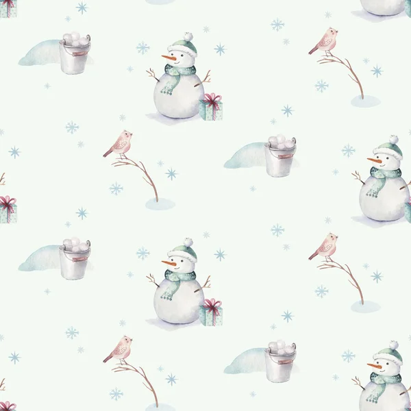 Aquarela Feliz Natal sem costura padrões com boneco de neve, feriado animais bonitos cervos, coelho. Papel de celebração de Natal. Inverno design do ano novo . — Fotografia de Stock