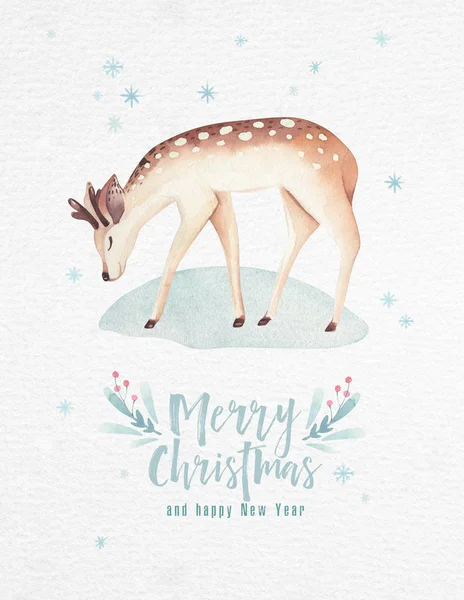 Akwarela ilustracji Merry Christmas snowman, wakacje słodkie zwierzęta deer, królik. Boże Narodzenie celebracja karty. Projekt nowego roku zima. — Zdjęcie stockowe