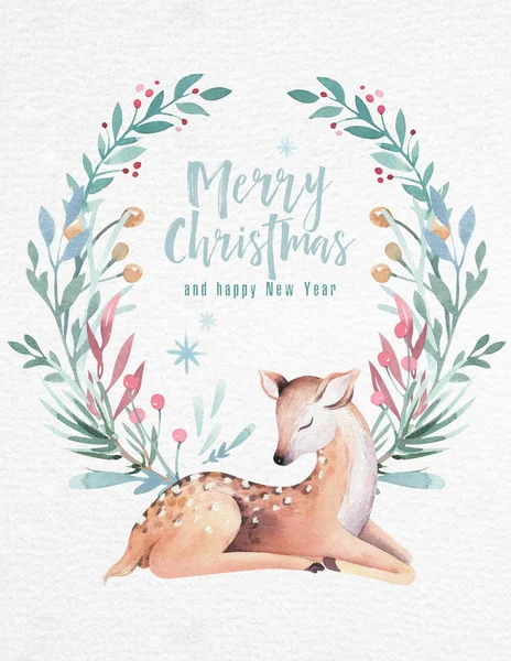 Acuarela Feliz Navidad ilustración con muñeco de nieve, vacaciones animales lindos ciervos, conejo. Tarjetas de celebración navideña. Invierno año nuevo diseño . —  Fotos de Stock