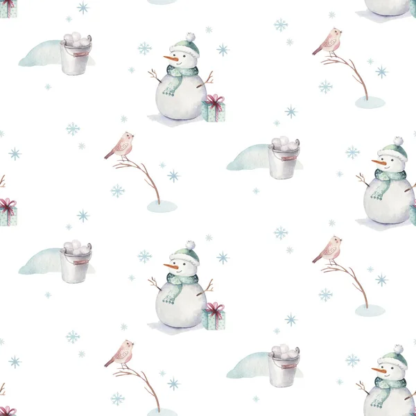 Aquarela Feliz Natal sem costura padrões com boneco de neve, feriado animais bonitos cervos, coelho. Papel de celebração de Natal. Inverno design do ano novo . — Fotografia de Stock