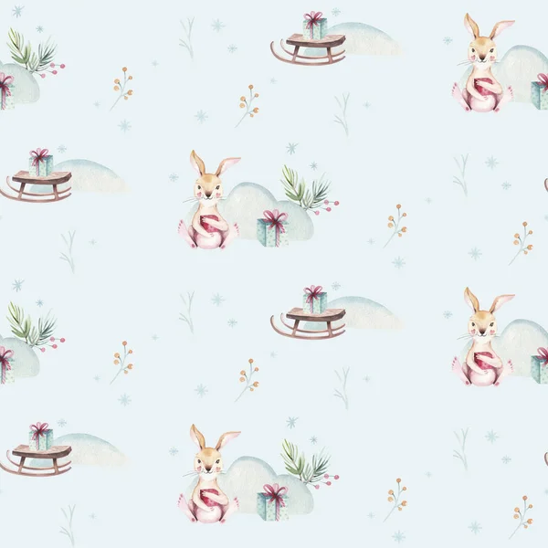 Akvarell god jul sömlösa mönster med snögubbe, holiday söta djur rådjur, kanin. Christmas celebration papper. Vinter nyår design. — Stockfoto