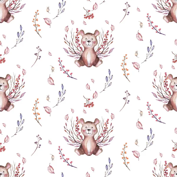 可爱的小卡通兔子 老鼠和熊动物无缝的模式 松鼠苗圃孤立的插图为儿童服装 水彩刺猬手绘苗圃海报 明信片 — 图库照片