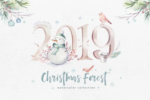 Watercolor Merry Christmas illustration with snowman, holiday cute animals deer, rabbit. Christmas celebration cards. Winter new year design. — Stock Photo, Image