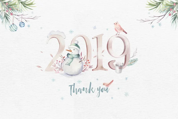 Watercolor Merry Christmas illustration with snowman, holiday cute animals deer, rabbit. Christmas celebration cards. Winter new year design. — Stock Photo, Image