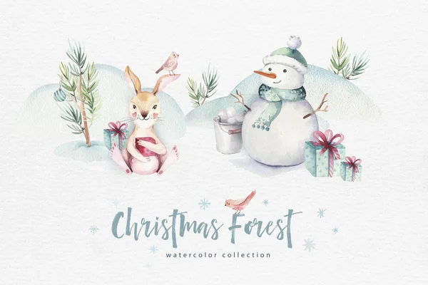 Aquarelle Joyeux Noël illustration avec bonhomme de neige, vacances animaux mignons cerf, lapin. Cartes de Noël. Hiver nouvelle conception année . — Photo