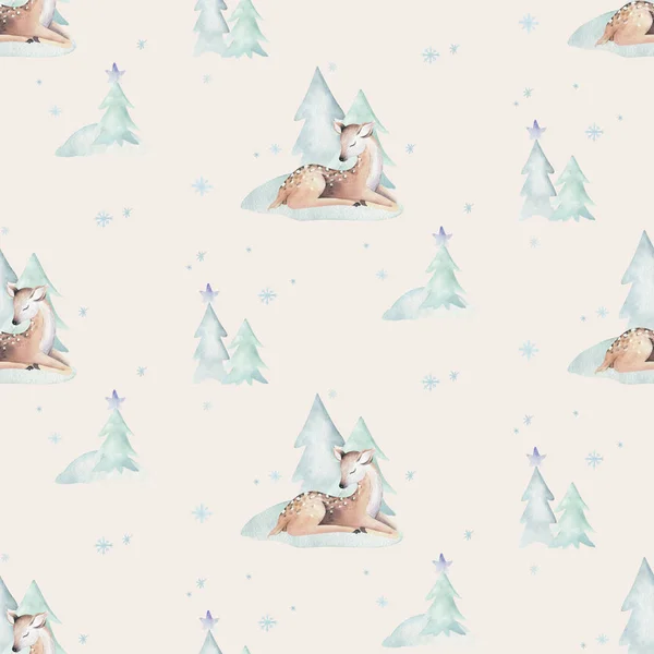 Aquarela Feliz Natal sem costura padrões com boneco de neve, feriado animais bonitos cervos, coelho. Papel de celebração de Natal. Inverno design do ano novo . — Fotografia de Stock