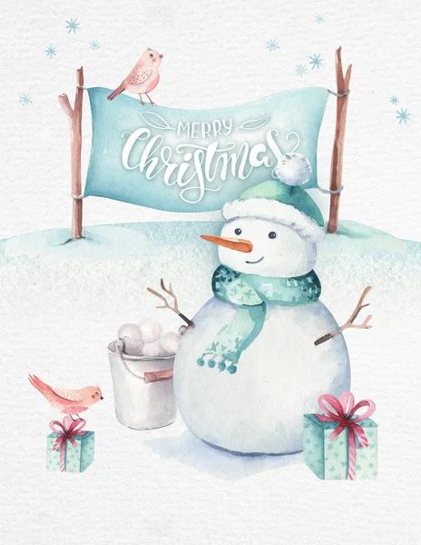 Watercolor Feliz Natal ilustração com boneco de neve, feriado bonito animais cervos, coelho. Cartões de celebração de Natal. Inverno design do ano novo . — Fotografia de Stock