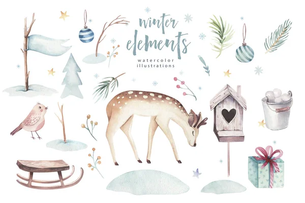 Akvarel Glædelig jul illustration med snemand, ferie søde dyr hjorte, kanin. Julekort. Vinter nye år design . - Stock-foto