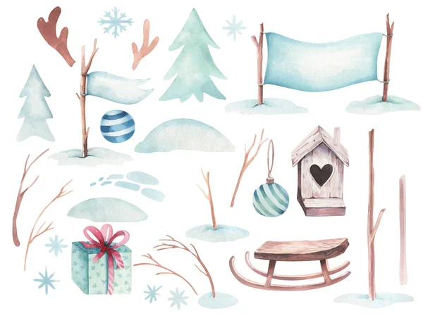 Acquerello Buon Natale illustrazione con pupazzo di neve, vacanza simpatici animali cervi, coniglio. Biglietti per festeggiare il Natale. Inverno nuovo design anno . — Foto Stock