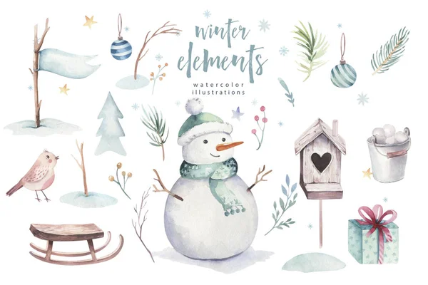 Akvarel Glædelig jul illustration med snemand, ferie søde dyr hjorte, kanin. Julekort. Vinter nye år design . - Stock-foto