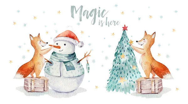 Watercolor ouro Feliz Natal ilustração com boneco de neve, árvore de natal, feriado bonito animais raposa, coelho e ouriço. Cartões de celebração de Natal. Inverno design do ano novo . — Fotografia de Stock