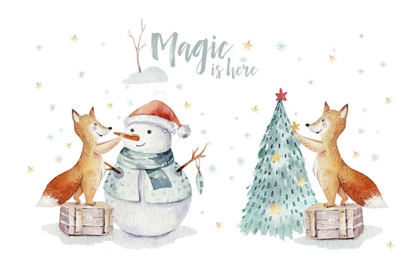 Acuarela oro Feliz ilustración de Navidad con muñeco de nieve, árbol de Navidad, zorro animales lindos de vacaciones, conejo y erizo. Tarjetas de celebración navideña. Invierno año nuevo diseño . — Foto de Stock