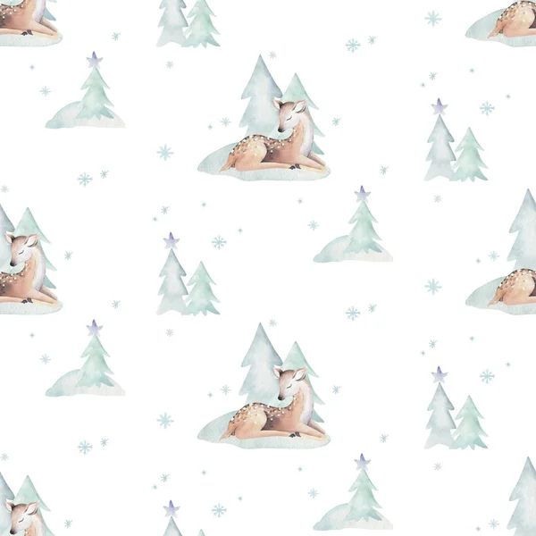 Aquarel Merry Christmas naadloze patronen met sneeuwpop, vakantie schattige dieren hert, konijn. Kerstmis viering papier. Winter Nieuwjaar ontwerp. — Stockfoto