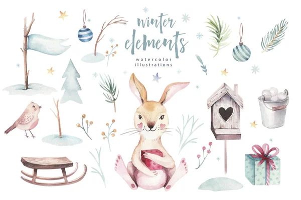 Акварель Счастливого Рождества иллюстрации со снеговиком, праздник милые животные олень, кролик. Рождественские открытки. Зимний новый год . — стоковое фото