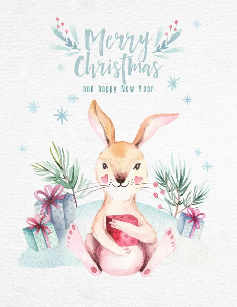 Aquarell frohe Weihnachten Illustration mit Schneemann, Urlaub niedlichen Tieren Hirsch, Hase. Weihnachtskarten. Winter Neujahr Design. — Stockfoto