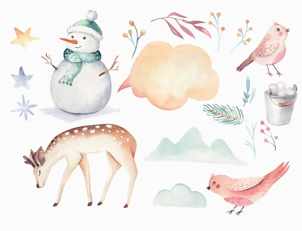 Acuarela Feliz Navidad ilustración con muñeco de nieve, vacaciones animales lindos ciervos, conejo. Tarjetas de celebración navideña. Invierno año nuevo diseño . — Foto de Stock