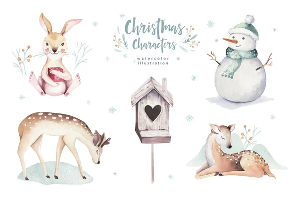 Acuarela Feliz Navidad ilustración con muñeco de nieve, vacaciones animales lindos ciervos, conejo. Tarjetas de celebración navideña. Invierno año nuevo diseño . —  Fotos de Stock