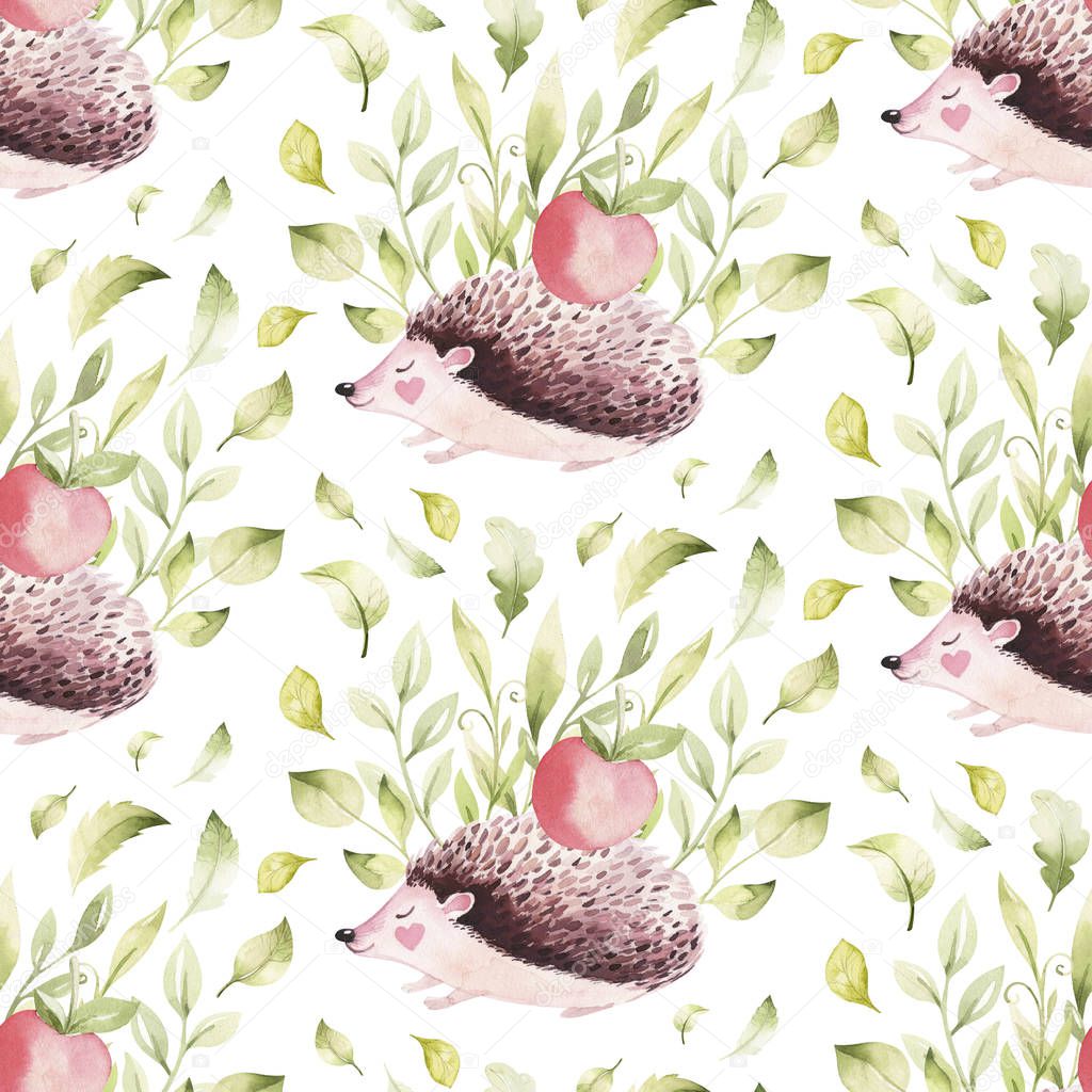 Cute baby cartoon rabbit, mouse and bear animal seamless pattern, squirrel nursery isolated illustration for children clothing. Watercolor hedgehog Hand drawn nursery posters, postcard