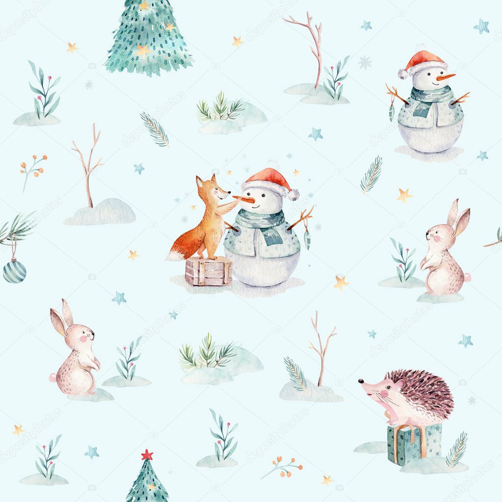 Watercolor Merry Christmas seamless patterns with gift, snowman, holiday cute animals fox, rabbit and hedgehog. Christmas tree celebration paper. Winter new year design.