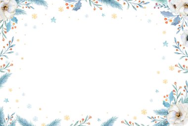 Ağaç boyası Noel çelengi, köknar dalları ve harf yazıları. Beyaz arkaplanda izole edilmiş yeni yıl tebrik kartları ve davetler.