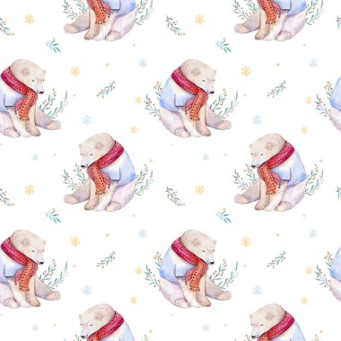 Bir şirin kutup ayısı, kış baskı, izole yeni yıl beyaz bir arka plan üzerinde kırmızı bir fular hayvan suluboya tatil seamless modeli