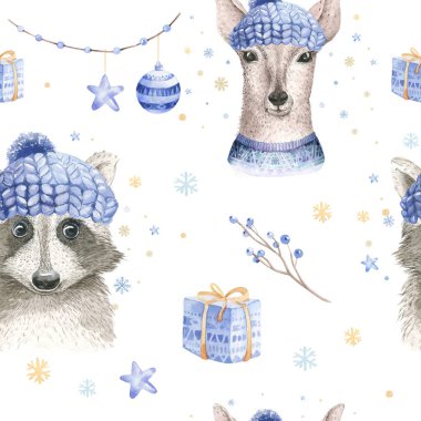 Bir set Noel Ormanı Şirin Orman karikatür geyiği ve sevimli rakun hayvan karakteri. Yeni yıl çiçekleri, buketler, böğürtlenler, çiçekler, kar ve kar taneleri, harfler.