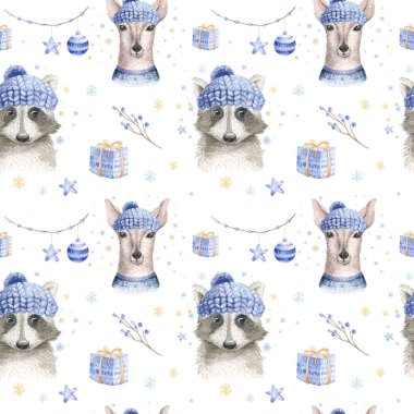 Bir set Noel Ormanı Şirin Orman karikatür geyiği ve sevimli rakun hayvan karakteri. Yeni yıl çiçekleri, buketler, böğürtlenler, çiçekler, kar ve kar taneleri, harfler.