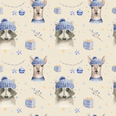 Bir set Noel Ormanı Şirin Orman karikatür geyiği ve sevimli rakun hayvan karakteri. Yeni yıl çiçekleri, buketler, böğürtlenler, çiçekler, kar ve kar taneleri, harfler.