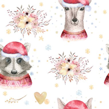Bir set Noel Ormanı Şirin Orman karikatür geyiği ve sevimli rakun hayvan karakteri. Yeni yıl çiçekleri, buketler, böğürtlenler, çiçekler, kar ve kar taneleri, harfler.